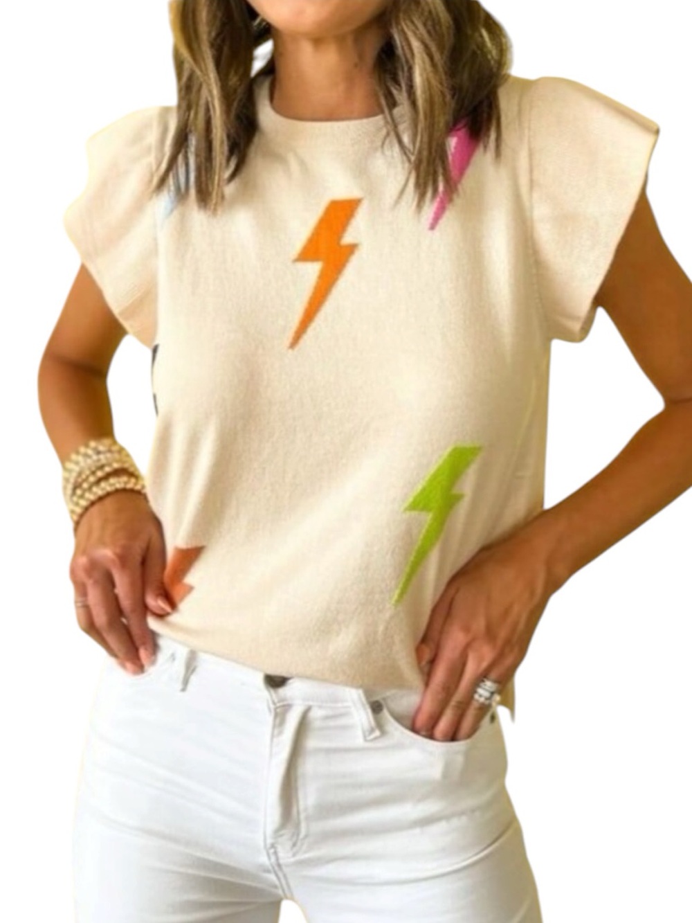 THML Cream Colorful
Lightning Bolt Ruffle
Sleeve Sweater Top Size M